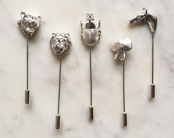 Sterling Silver Animal Head Lapel Pin: Horse, Beetle, Lion, Leopard, Elephant