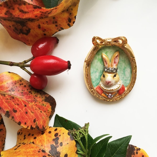 Porcelain Rabbit Cameo Brooch, 24ct Gold & Swarovski Crystals