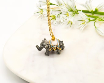 Porcelain Elephant Pendant Necklace/ Elephant Gold Necklace/ Fairground Elephant Necklace