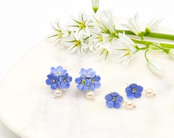 Porcelain Blue Forget Me Not pearl drop earring/ earrings/ dangle earrings/ flower earrings/ porcelain earrings/ Forget Me Not earrings
