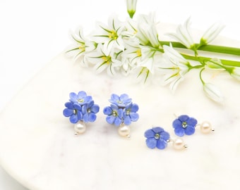 Porcelain Forget Me Not Earrings, Freshwater Pearl Drop, Sterling Silver Studs