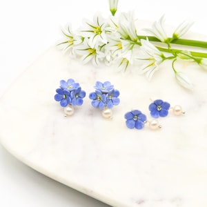 Porcelain Blue Forget Me Not pearl drop earring/ earrings/ dangle earrings/ flower earrings/ porcelain earrings/ Forget Me Not earrings