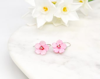 Handmade Porcelain Pink Cherry Blossom Drop Earrings, Swarovski Crystal Detail