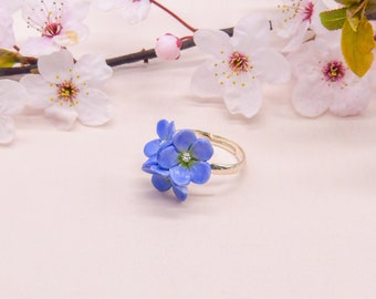 Porcelain Forget-Me-Not Ring, Silver Plated Adjustable Band