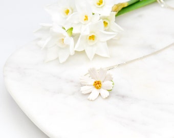 Porcelain White Cosmos pendant with sterling silver necklace/ Flower Necklace/ Flower Pendant/ Flower jewellery/ Cosmos Necklace