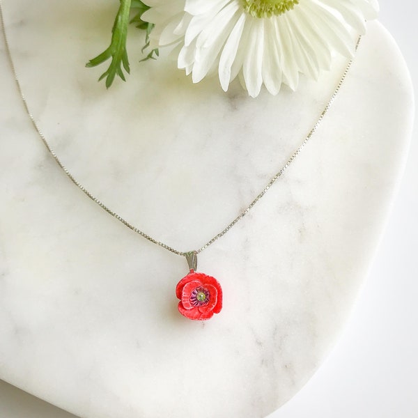Porcelain Red Poppy necklace/ Poppy Necklace/ Dainty necklace/ Porcelain jewellery/ Flower necklace/ Poppy Jewellery/ Gift for her