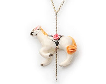 Collier à pendentif cheval blanc en porcelaine, plaqué or ou argent