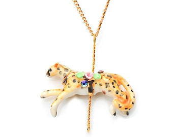 Merry Go Round Porcelain Cheetah Pendant Necklace/ Cheetah Necklace