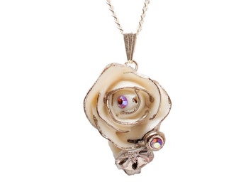 Porcelain Rose Pendant Necklace/ White And Silver Flower Rose Necklace