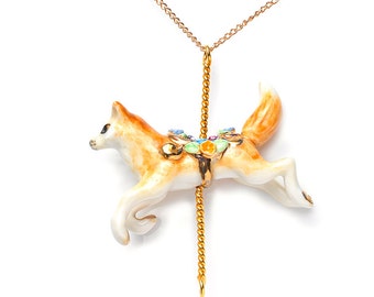 Merry Go Round Porcelain Fox Necklace/ Fox Statement Necklace