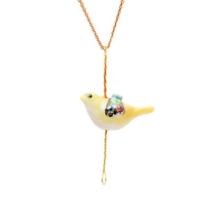 Merry Go Round Porcelain Bird Pendant In Silver Or Gold Plated Necklace/ Yellow Bird Necklace