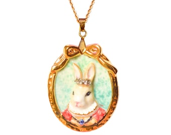 Porcelain Rabbit Cameo Necklace: Hand-Painted 24K Gold, Swarovski Crystals