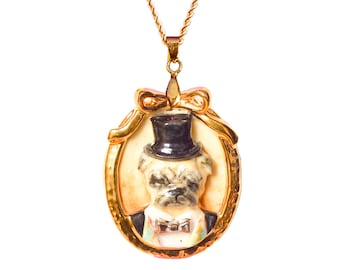 Porcelain Pug Pendant Necklace, 24K Gold-Painted Dog Cameo
