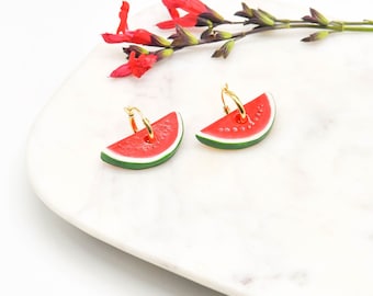 Porcelain Watermelon hoop earring/ Watermelon earrings/ Hoop Earrings/ Fruit Hoops/ Fun Earrings