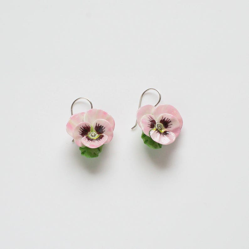 Porcelain Pink Pansy drop earring/ Pansy earrings/ dangle earrings/ ceramic flower earrings/ porcelain earrings/ flower earrings/ pansy image 1