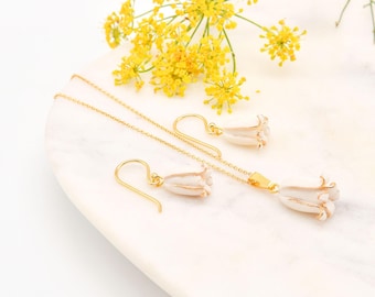 Gold Plated Sterling Silver Bluebell Necklace and Earrings, Porcelain Flower Jewelry, Bridal Jewelry