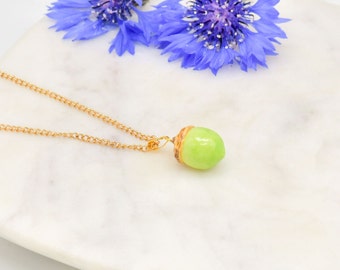 Handmade Porcelain Acorn Pendant Necklace, Gold Plated Chain