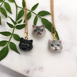 Handmade Porcelain Cat Pendant Necklace, Gold Plated Chain