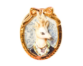 Porcelain Deer Cameo Brooch: Hand-Painted with 24ct Gold