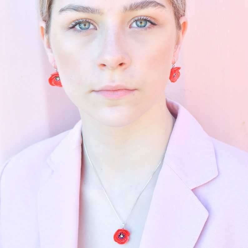 Porcelain Red Poppy pendant with sterling silver necklace/ Poppy Necklace/ Poppy Pendant/ Poppy/ Flower Necklace/ Flower Pendant/ Red Poppy image 2