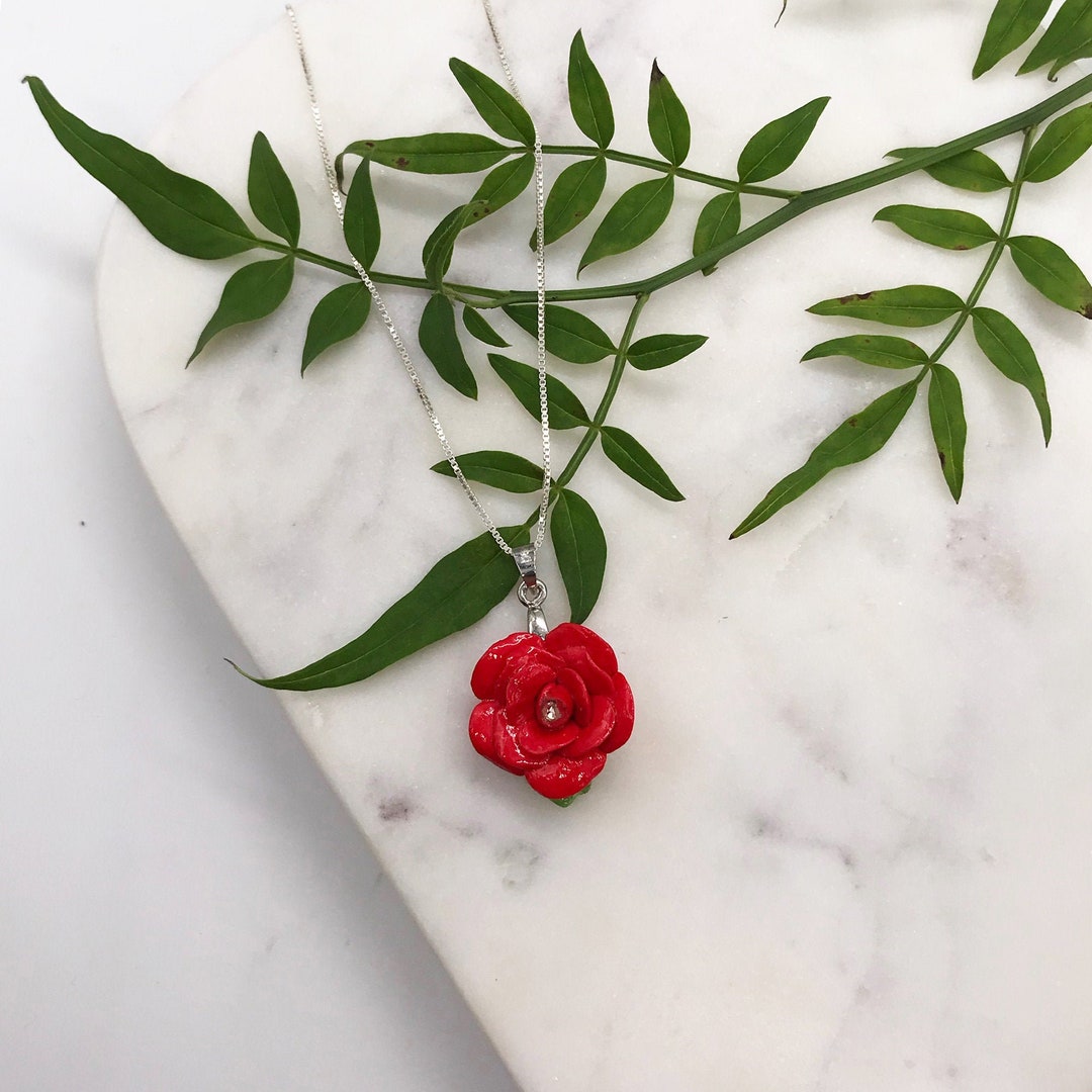 Handmade Porcelain Red Rose Pendant, Sterling Silver Necklace