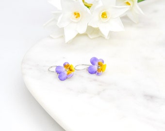 Porcelain Pansy Drop Earrings, Sterling Silver Hooks, Swarovski Crystal