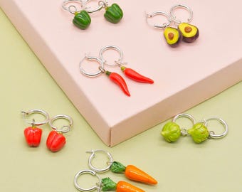 Handmade Porcelain Vegetable Earrings, Sterling Silver, Chilli, Avocado, Carrot, Artichoke, Red Pepper, Green Pepper Hoop Earrings