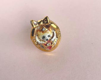 Porcelain Red Panda Cameo Ring, 24ct Gold, Swarovski Crystals