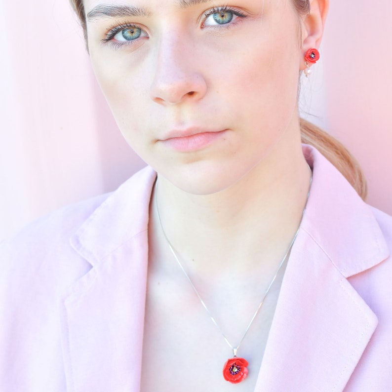 Porcelain Red Poppy pendant with sterling silver necklace/ Poppy Necklace/ Poppy Pendant/ Poppy/ Flower Necklace/ Flower Pendant/ Red Poppy image 4