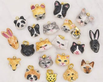 Handmade Porcelain Ceramic Animal Charm, Cat, Dog, Red Panda, Rabbit, Cheetah, Fox, Tiger