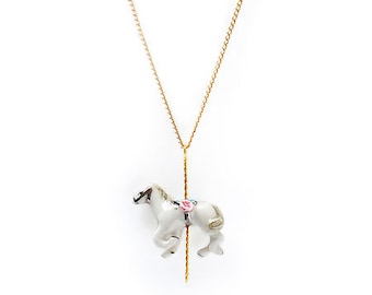 Porcelain White Horse Pendant Necklace, Gold or Silver Plated