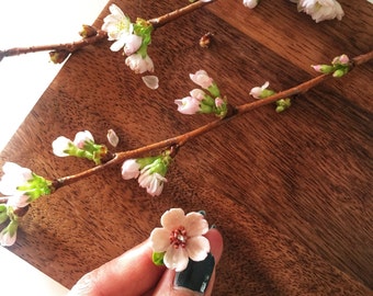 Pink Cherry Blossom Porcelain Ring, Adjustable Silver Plated Band