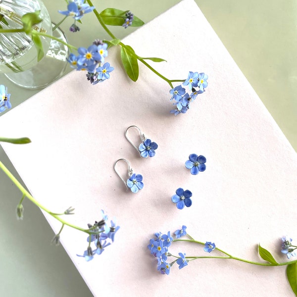 Porcelain Forget-Me-Not Earrings, Sterling Silver, Swarovski Crystal Dainty Flower Earrings