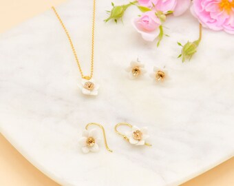 Gold Plated Sterling Silver Narcissus Necklace and Earrings, Porcelain Flower Jewelry, Bridal Jewelry