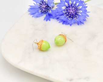 Handmade Porcelain Acorn Drop Earrings, Sterling Silver Hooks