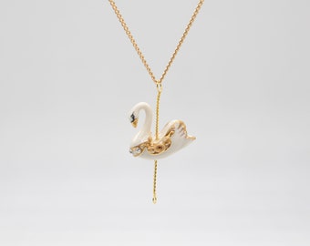 Merry Go Round Porcelain Small Swan Pendant Necklace/ White Swan Necklace