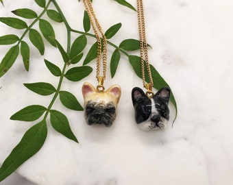 Handmade Porcelain French Bulldog Necklace, Gold Plated Chain