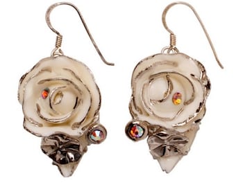 Porcelain Rose Drop Earrings, Silver & White, Swarovski Crystals