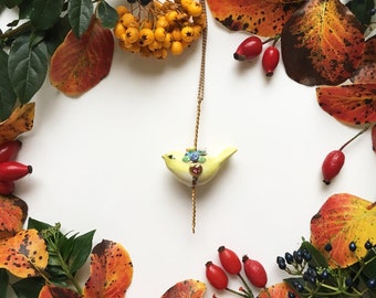 Porcelain Bird Necklace, Gold Plated Chain, Swarovski Crystal Detail