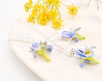 Porcelain Iris Necklace and Earrings Set, Sterling Silver Flower Jewelry