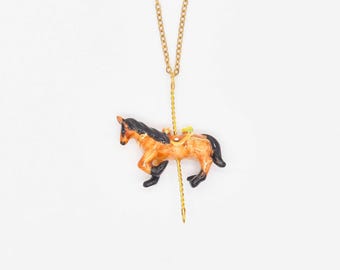 Porcelain Brown Horse Pendant Necklace, Gold or Silver Plated
