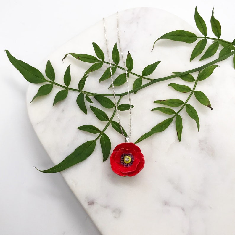 Porcelain Red Poppy pendant with sterling silver necklace/ Poppy Necklace/ Poppy Pendant/ Poppy/ Flower Necklace/ Flower Pendant/ Red Poppy image 1