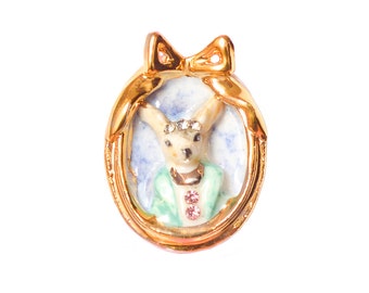 Porcelain Chihuahua Dog Cameo Brooch, Hand-Painted with Gold & Crystals