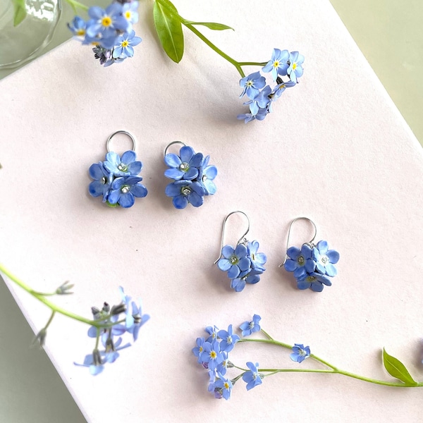 Porcelain Blue Forget Me Not Earrings, Sterling Silver Hooks, Swarovski Crystal
