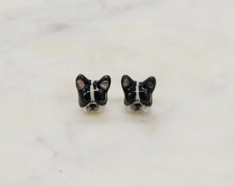 Porcelain French Bulldog Earrings, Sterling Silver Studs