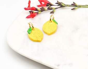 Handmade Porcelain Lemon Hoop Earrings, 18K Gold Plated Sterling Silver