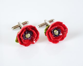 Porcelain Red Poppy Cufflinks/ Flower Cufflinks/ Floral Cufflinks/ Groom Gift / Best Man Gift