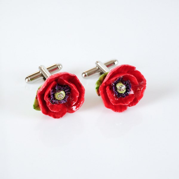 Porcelain Red Poppy Cufflinks/ Flower Cufflinks/ Floral Cufflinks/ Groom Gift / Best Man Gift