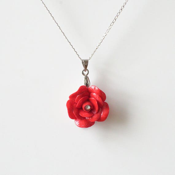 Collar de Plata de ley hecho a mano flores rojo rosa Regalo de San Valentín Real Joyas