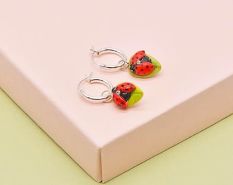 Silver Hoop Ladybird Earrings, Handmade Porcelain Jewelry